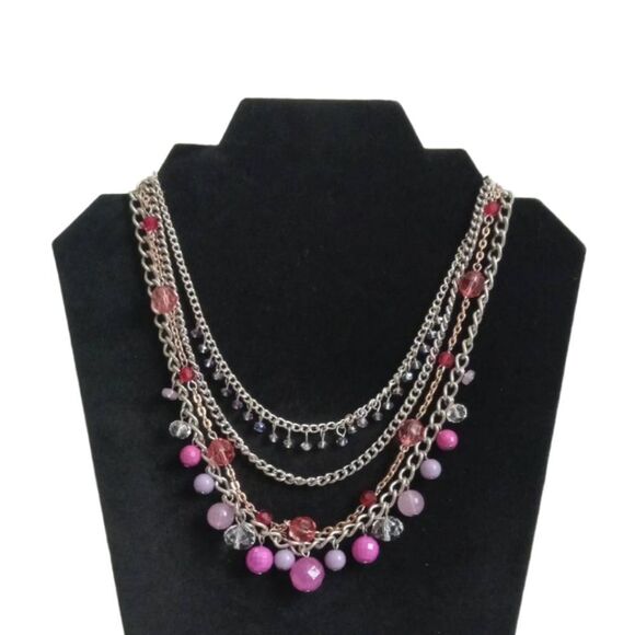 Pink & Purple Beaded Silver Toned Metal Multi Strand Colorful Statement Necklace - Picture 1 of 11